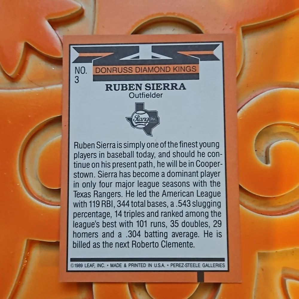 1989 Donruss Diamond Kings Ruben Sierra Card #3